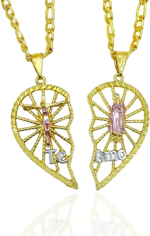18K Gold Plated Couples Necklace Virgin Mary Necklace Jesus Necklace Heart Necklace, I Love You Break-apart Heart Necklace Chain Pendant Charm,Fine Jewelry Gifts to Share for Her(Couple necklace)