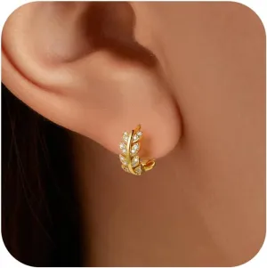 18K Gold Plated CZ Leaf Hoop Earrings for Women S925 Sterling Silver Huggie Hoop Earrings Dainty Olive Leaf Earrings Hypoallergenic Lightweight Birthday Jewelry to Mom Daughter Graduation Gifts