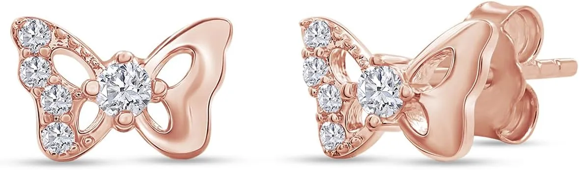 18K Gold Plated Sterling Silver Post & Push Back Butterfly Stud Earrings | Round Moissanite Diamond Dainty Earrings for Women (0.12 Ctw)