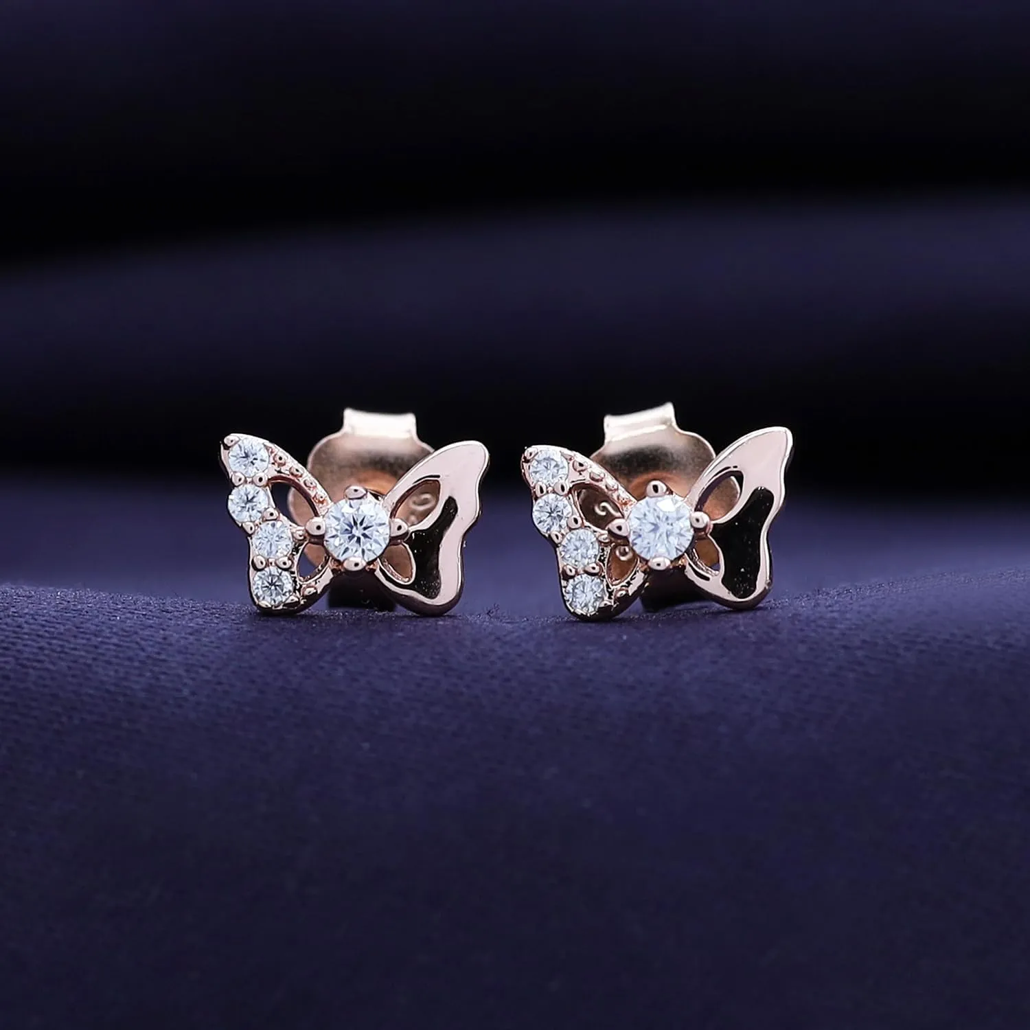 18K Gold Plated Sterling Silver Post & Push Back Butterfly Stud Earrings | Round Moissanite Diamond Dainty Earrings for Women (0.12 Ctw)