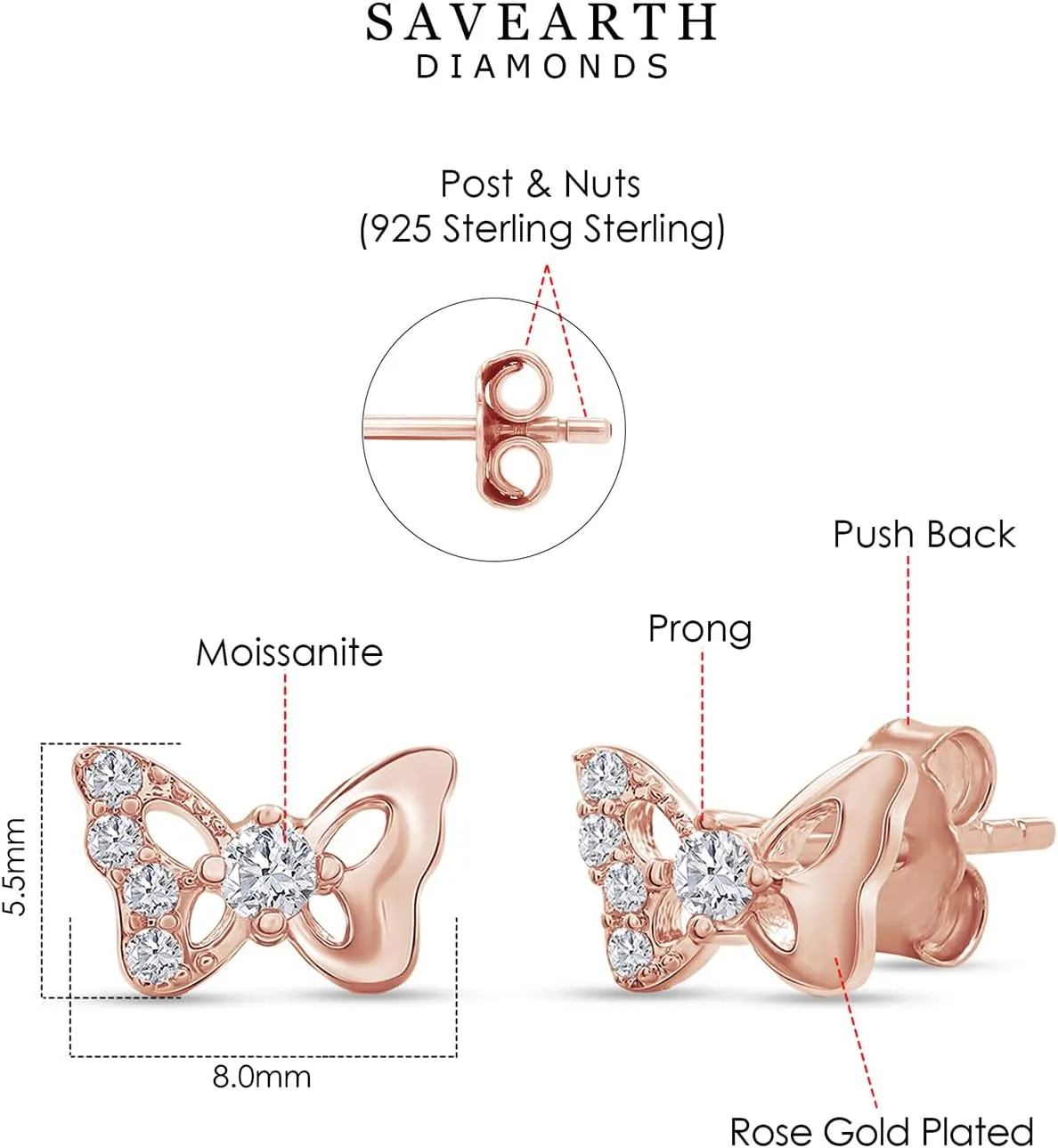18K Gold Plated Sterling Silver Post & Push Back Butterfly Stud Earrings | Round Moissanite Diamond Dainty Earrings for Women (0.12 Ctw)