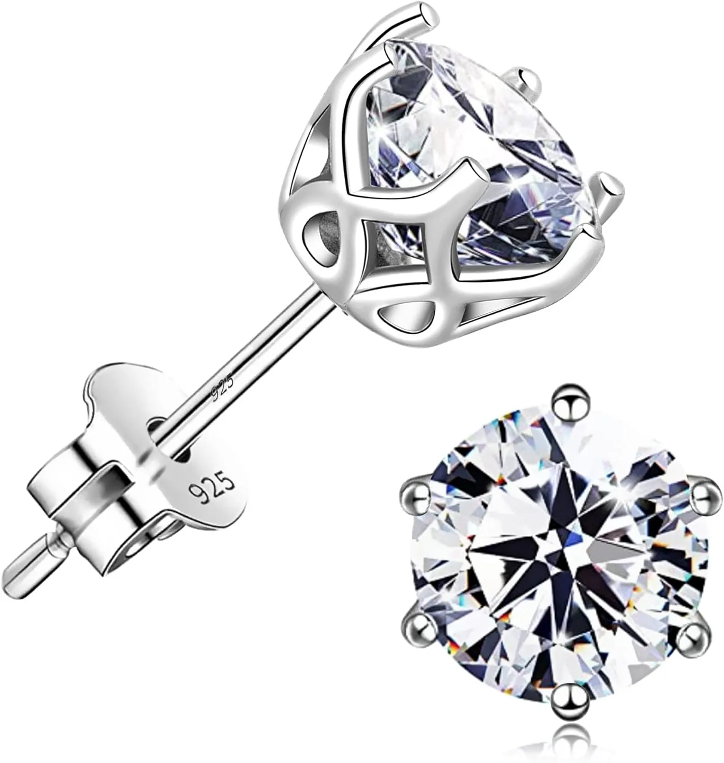 18K White Gold Plated Brilliant Cut Simulated Diamond Cubic Zirconia Stud Earrings Sterling Silver Hypoallergenic CZ Stud Earrings for Women Men 6 Prongs Setting