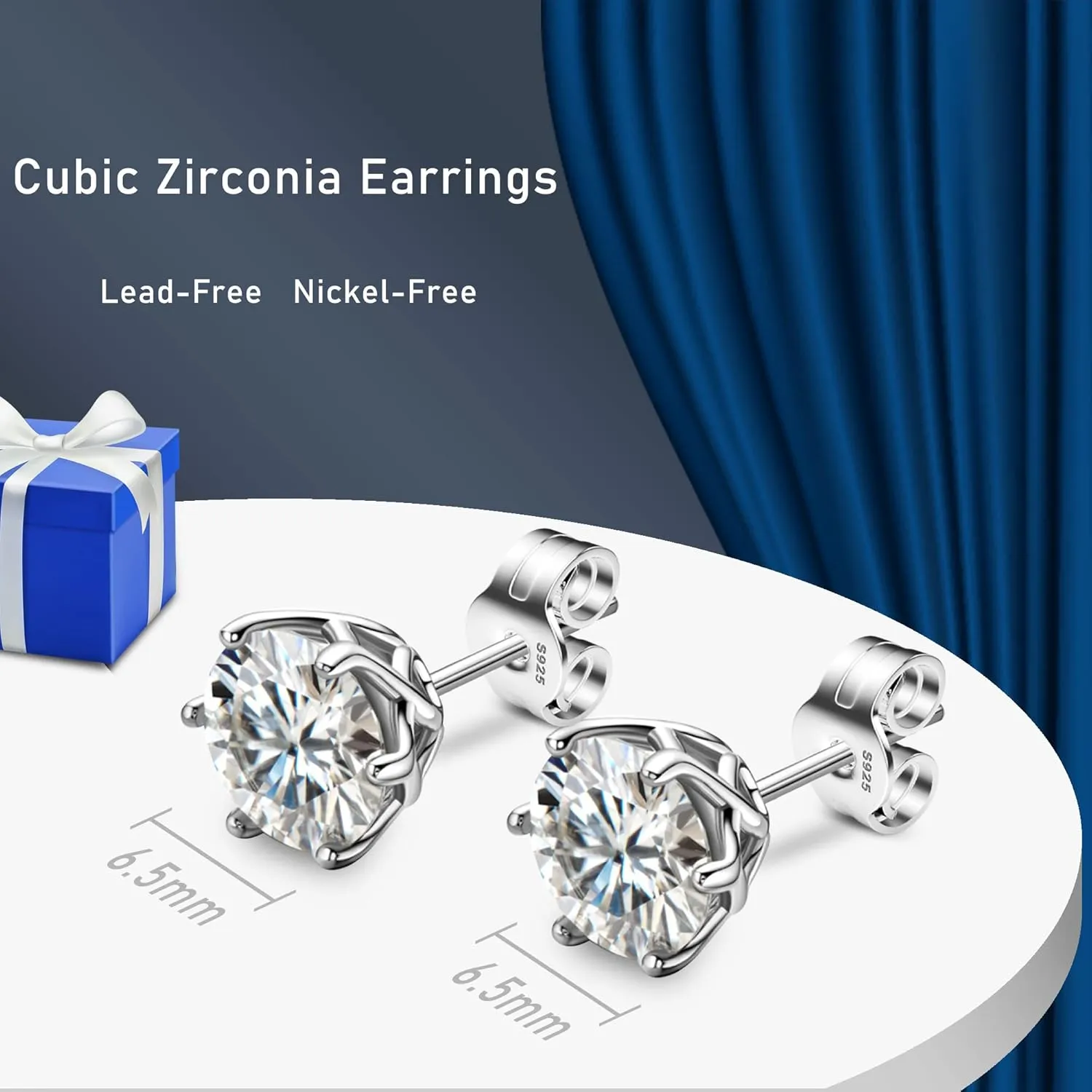 18K White Gold Plated Brilliant Cut Simulated Diamond Cubic Zirconia Stud Earrings Sterling Silver Hypoallergenic CZ Stud Earrings for Women Men 6 Prongs Setting