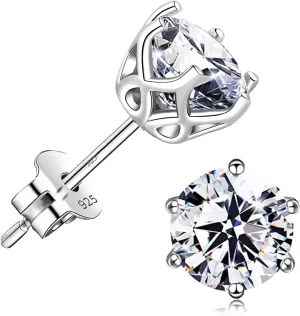 18K White Gold Plated Brilliant Cut Simulated Diamond Cubic Zirconia Stud Earrings Sterling Silver Hypoallergenic CZ Stud Earrings for Women Men 6 Prongs Setting