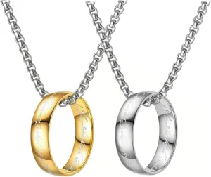 2 Pack Set Stainless Steel Gold and Silver One Ring Chain Pendant Necklace for Women Men,Ring size 10