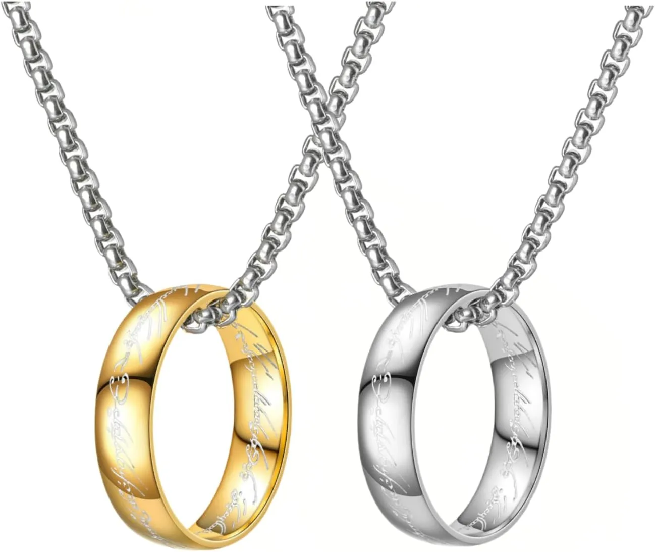 2 Pack Set Stainless Steel Gold and Silver One Ring Chain Pendant Necklace for Women Men,Ring size 10