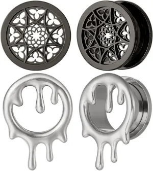2 Pairs Selling Stainless Steel Ear Plugs Tunnels Gauges, Water Drops and Flower Pattern 5/8 Gauges for Ears, Surgical Steel Ear Stretcher Expander Body Jewelry