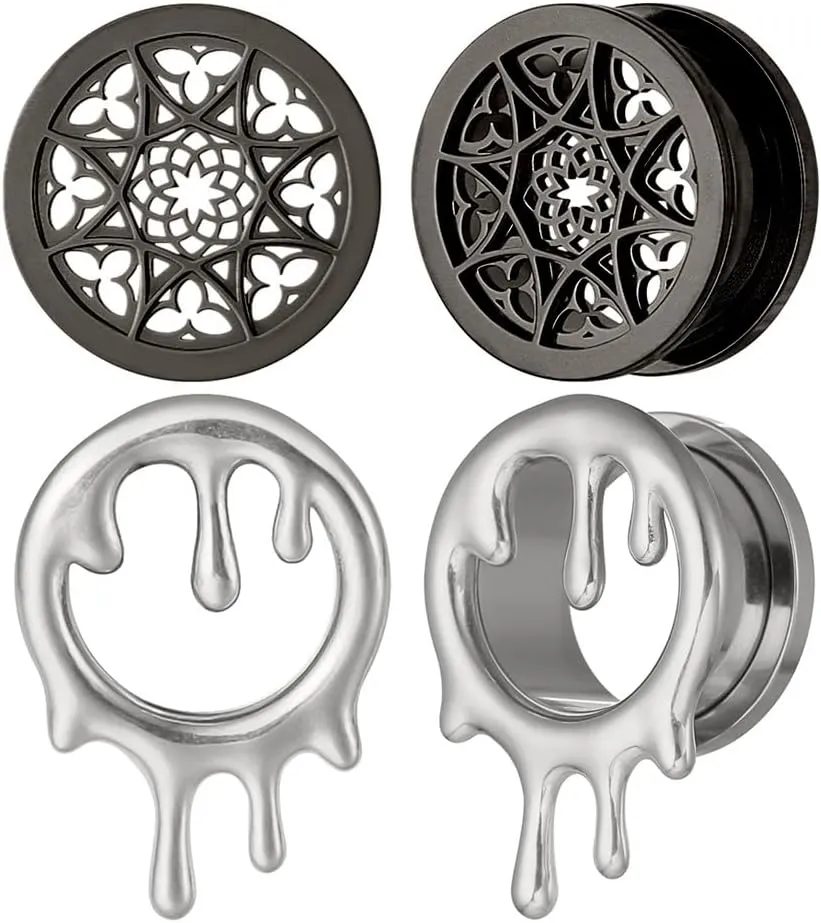 2 Pairs Selling Stainless Steel Ear Plugs Tunnels Gauges, Water Drops and Flower Pattern 5/8 Gauges for Ears, Surgical Steel Ear Stretcher Expander Body Jewelry