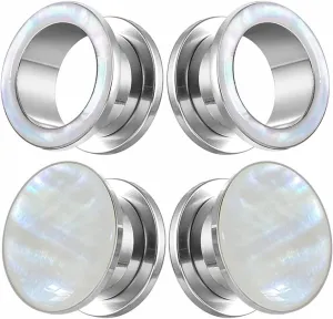 2 Pairs White Pearl Shell Stainless Steel Ear Gauges Plugs and Tunnels, Size 2g - 1 inch Hypoallergenic Surgical Steel Ear Stretcher Expander Body Jewelry