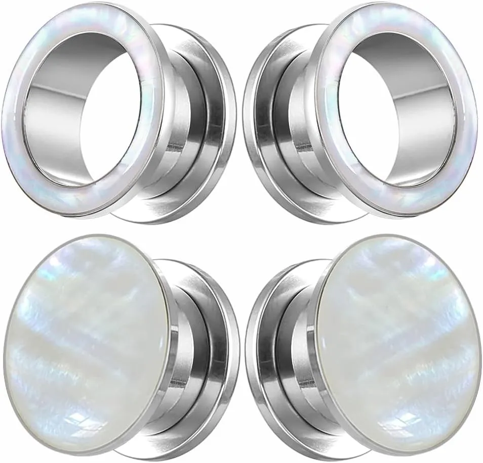 2 Pairs White Pearl Shell Stainless Steel Ear Gauges Plugs and Tunnels, Size 2g - 1 inch Hypoallergenic Surgical Steel Ear Stretcher Expander Body Jewelry