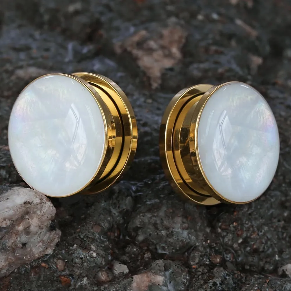 2 Pairs White Pearl Shell Stainless Steel Ear Gauges Plugs and Tunnels, Size 2g - 1 inch Hypoallergenic Surgical Steel Ear Stretcher Expander Body Jewelry