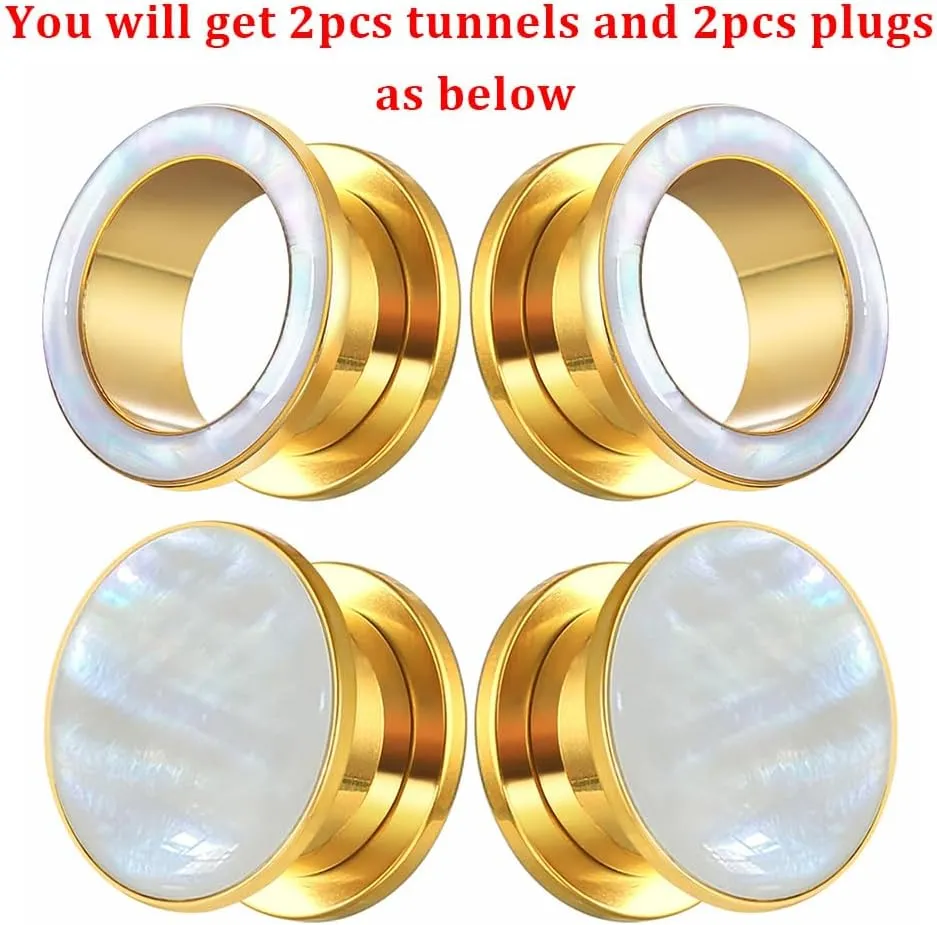 2 Pairs White Pearl Shell Stainless Steel Ear Gauges Plugs and Tunnels, Size 2g - 1 inch Hypoallergenic Surgical Steel Ear Stretcher Expander Body Jewelry