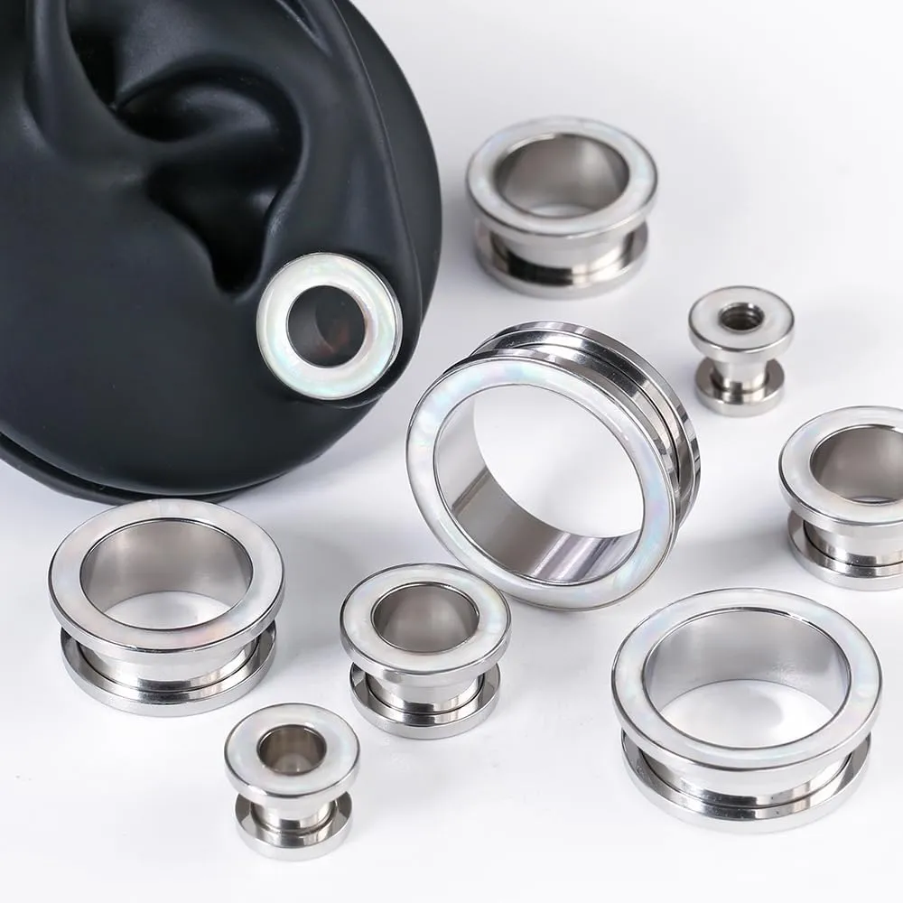 2 Pairs White Pearl Shell Stainless Steel Ear Gauges Plugs and Tunnels, Size 2g - 1 inch Hypoallergenic Surgical Steel Ear Stretcher Expander Body Jewelry