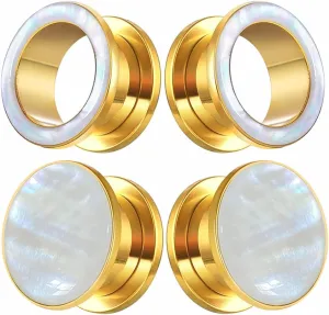 2 Pairs White Pearl Shell Stainless Steel Ear Gauges Plugs and Tunnels, Size 2g - 1 inch Hypoallergenic Surgical Steel Ear Stretcher Expander Body Jewelry