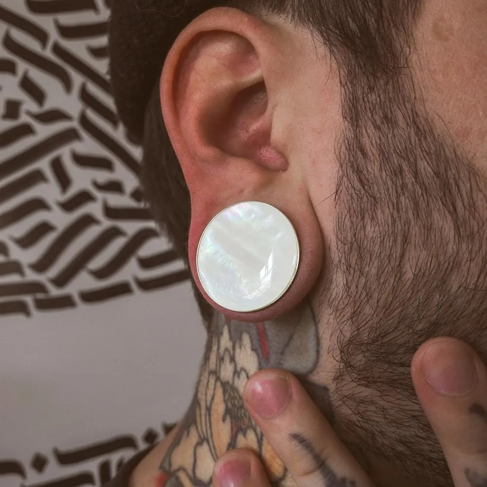 2 Pairs White Pearl Shell Stainless Steel Ear Gauges Plugs and Tunnels, Size 2g - 1 inch Hypoallergenic Surgical Steel Ear Stretcher Expander Body Jewelry