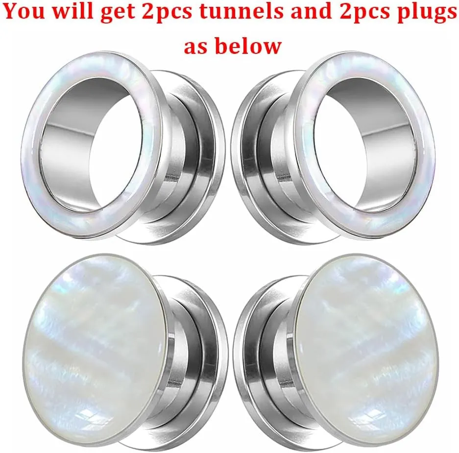 2 Pairs White Pearl Shell Stainless Steel Ear Gauges Plugs and Tunnels, Size 2g - 1 inch Hypoallergenic Surgical Steel Ear Stretcher Expander Body Jewelry