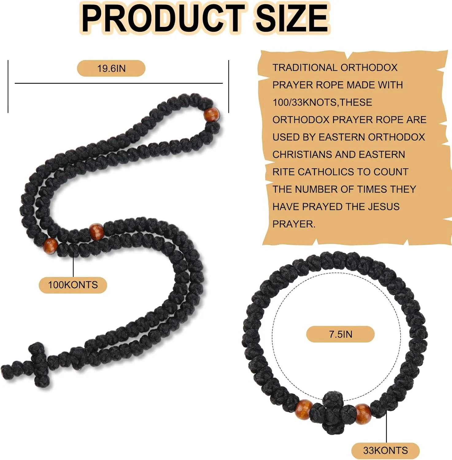 2 Pcs Handmade Orthodox Prayer Rope 100 Knots and Christian 33 Knots Bracelet Greek Prayer Rosary Protection Blessing Cross Charm Gifts (Brown,Classic Style)