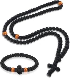 2 Pcs Handmade Orthodox Prayer Rope 100 Knots and Christian 33 Knots Bracelet Greek Prayer Rosary Protection Blessing Cross Charm Gifts (Brown,Classic Style)