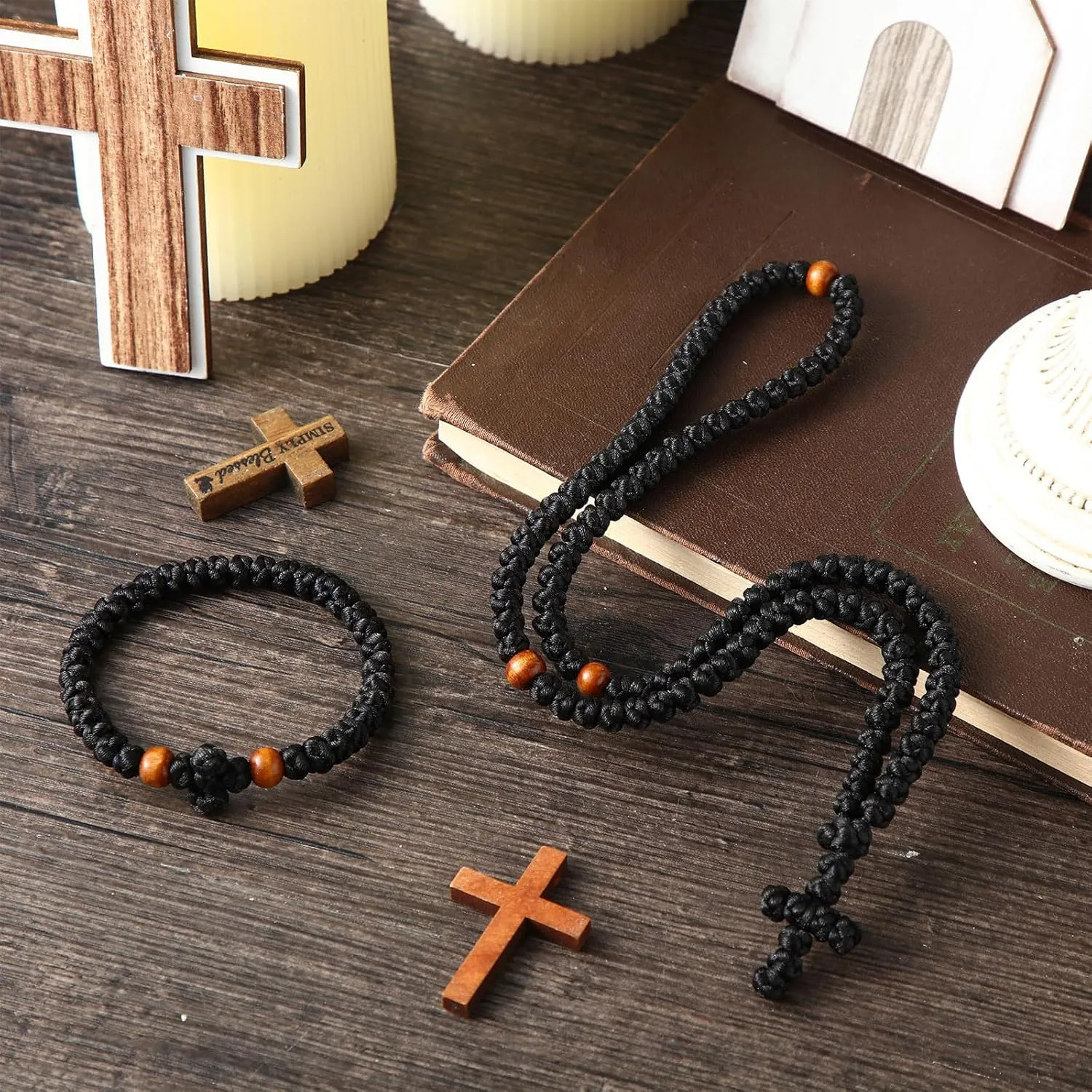 2 Pcs Handmade Orthodox Prayer Rope 100 Knots and Christian 33 Knots Bracelet Greek Prayer Rosary Protection Blessing Cross Charm Gifts (Brown,Classic Style)