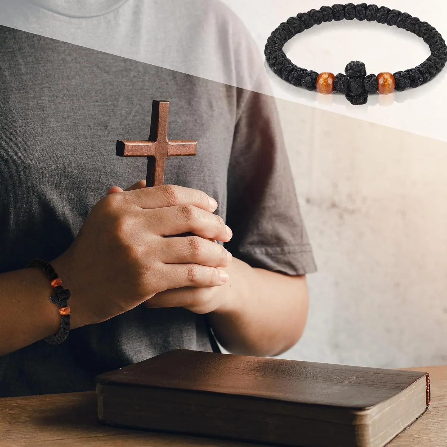 2 Pcs Handmade Orthodox Prayer Rope 100 Knots and Christian 33 Knots Bracelet Greek Prayer Rosary Protection Blessing Cross Charm Gifts (Brown,Classic Style)