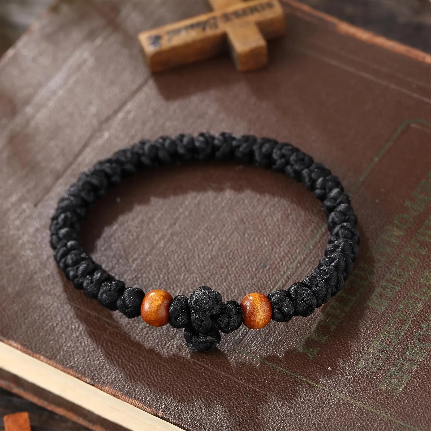 2 Pcs Handmade Orthodox Prayer Rope 100 Knots and Christian 33 Knots Bracelet Greek Prayer Rosary Protection Blessing Cross Charm Gifts (Brown,Classic Style)