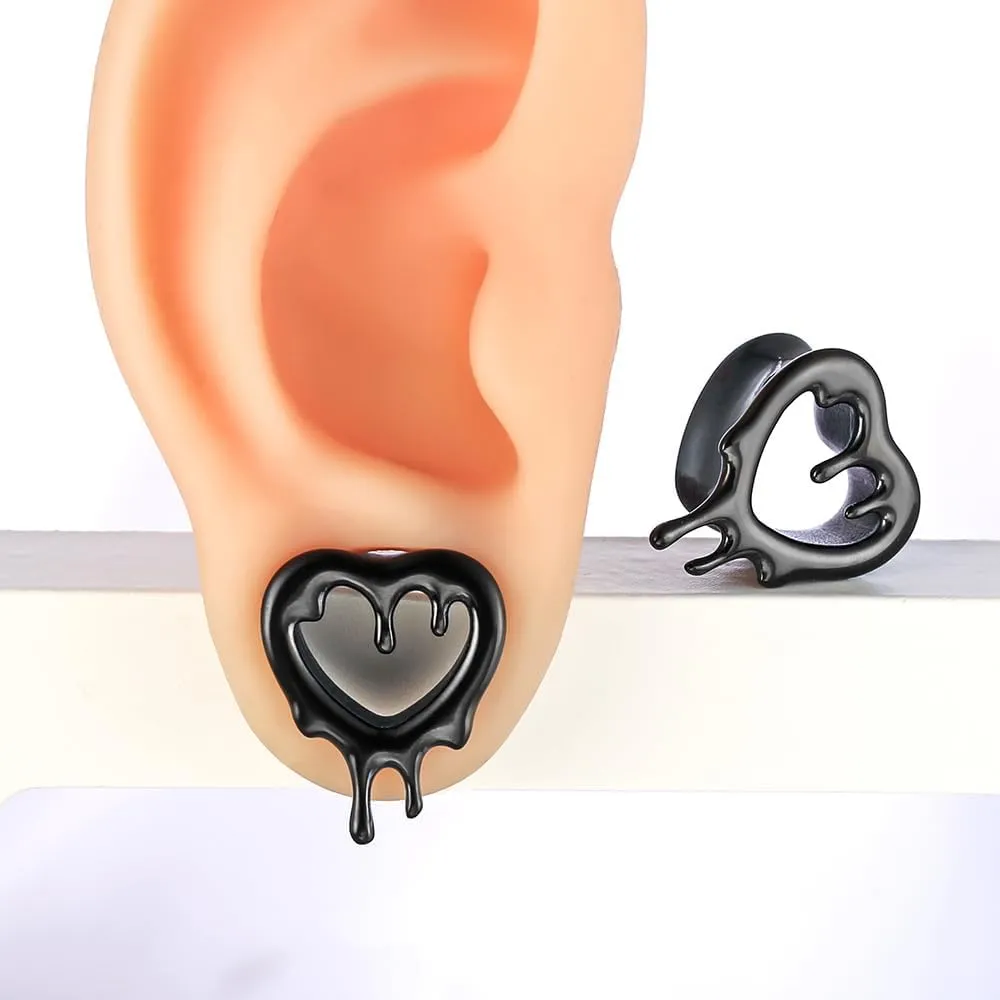 2 Pcs Heart Style Ear Tunnels Gauge Earrings for Women, Size 0g - 1 inch Ear Plugs Gauges for Ears, Water Drops Design Hypoallergenic Stainless Steel Ear Gauges Body Jewelry