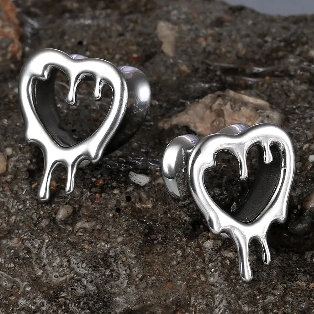 2 Pcs Heart Style Ear Tunnels Gauge Earrings for Women, Size 0g - 1 inch Ear Plugs Gauges for Ears, Water Drops Design Hypoallergenic Stainless Steel Ear Gauges Body Jewelry