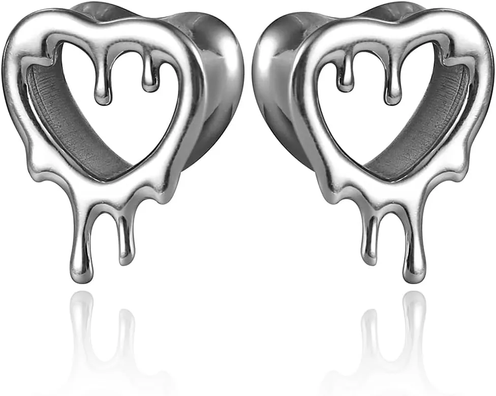2 Pcs Heart Style Ear Tunnels Gauge Earrings for Women, Size 0g - 1 inch Ear Plugs Gauges for Ears, Water Drops Design Hypoallergenic Stainless Steel Ear Gauges Body Jewelry