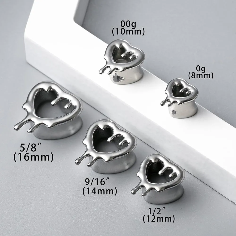 2 Pcs Heart Style Ear Tunnels Gauge Earrings for Women, Size 0g - 1 inch Ear Plugs Gauges for Ears, Water Drops Design Hypoallergenic Stainless Steel Ear Gauges Body Jewelry