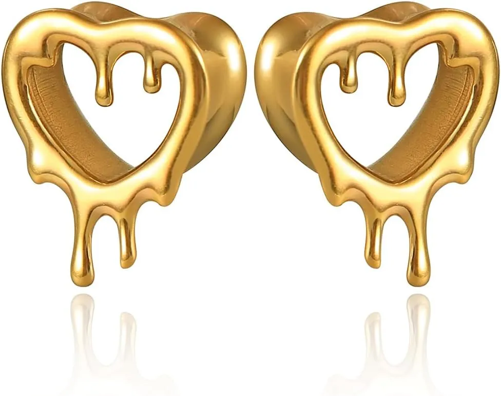 2 Pcs Heart Style Ear Tunnels Gauge Earrings for Women, Size 0g - 1 inch Ear Plugs Gauges for Ears, Water Drops Design Hypoallergenic Stainless Steel Ear Gauges Body Jewelry