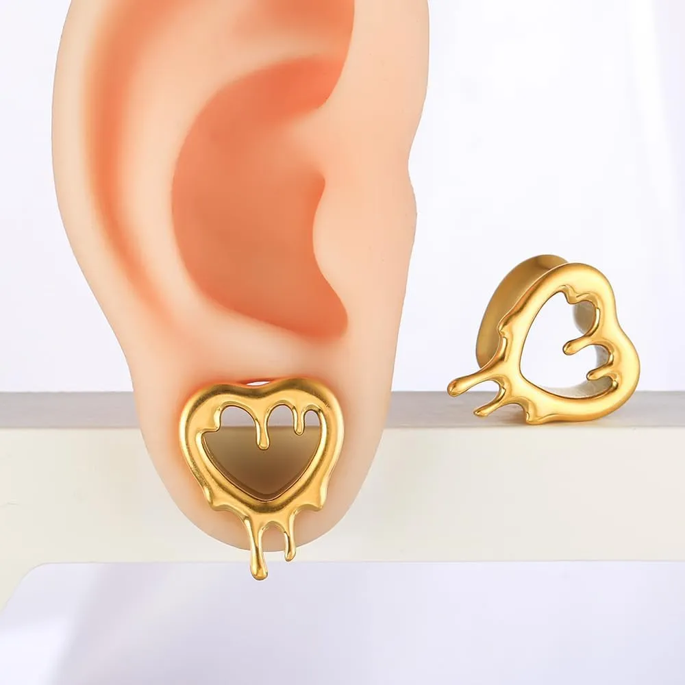 2 Pcs Heart Style Ear Tunnels Gauge Earrings for Women, Size 0g - 1 inch Ear Plugs Gauges for Ears, Water Drops Design Hypoallergenic Stainless Steel Ear Gauges Body Jewelry