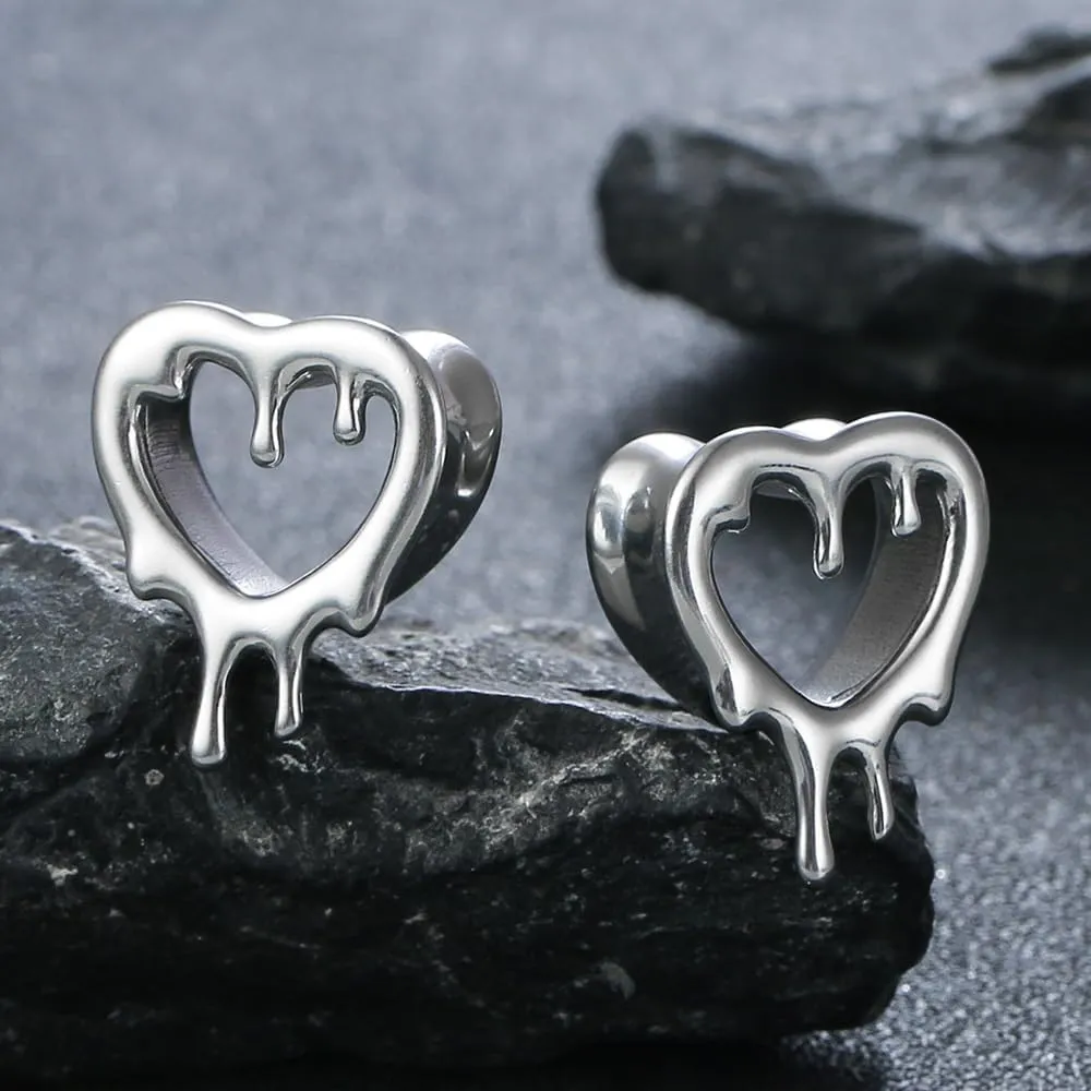 2 Pcs Heart Style Ear Tunnels Gauge Earrings for Women, Size 0g - 1 inch Ear Plugs Gauges for Ears, Water Drops Design Hypoallergenic Stainless Steel Ear Gauges Body Jewelry