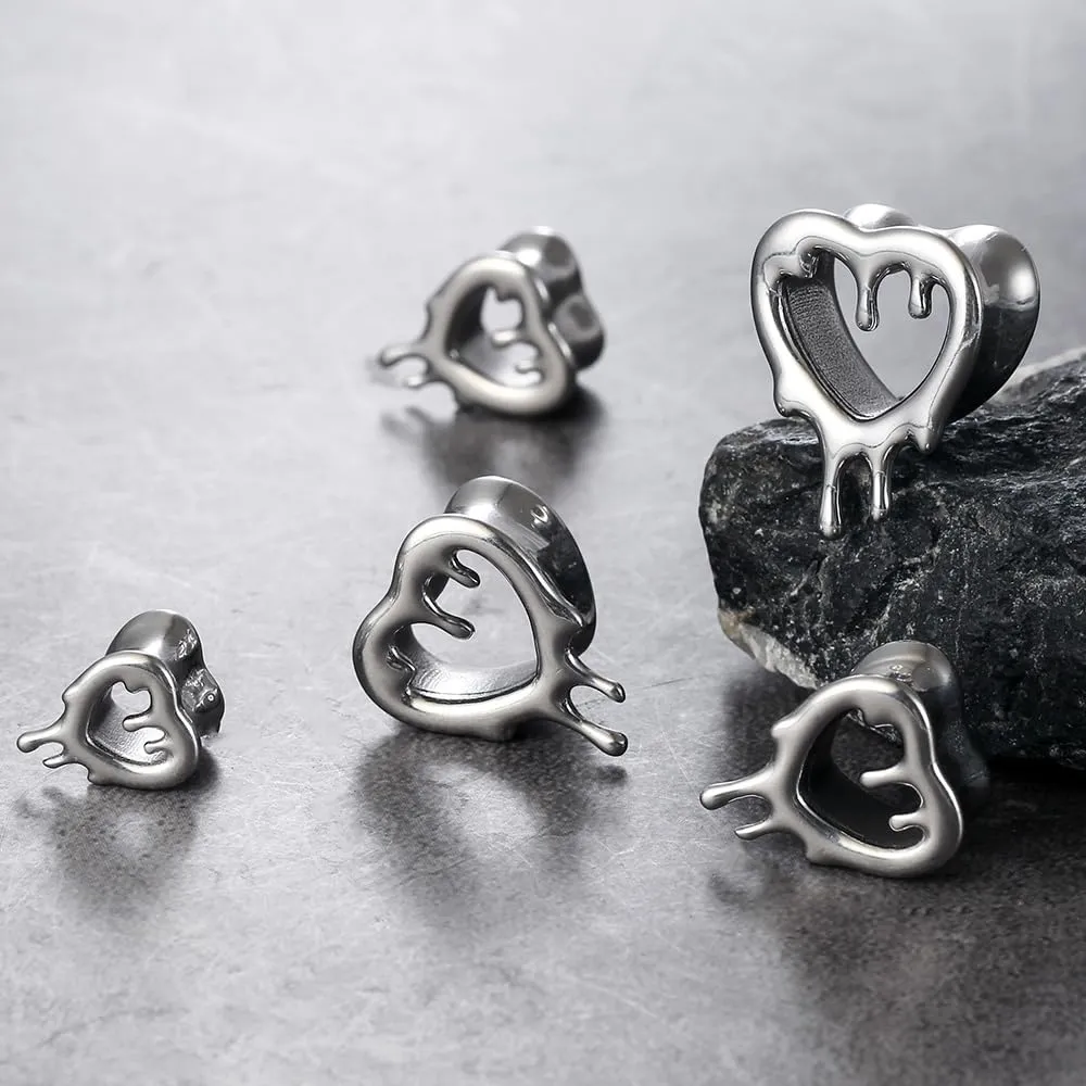 2 Pcs Heart Style Ear Tunnels Gauge Earrings for Women, Size 0g - 1 inch Ear Plugs Gauges for Ears, Water Drops Design Hypoallergenic Stainless Steel Ear Gauges Body Jewelry