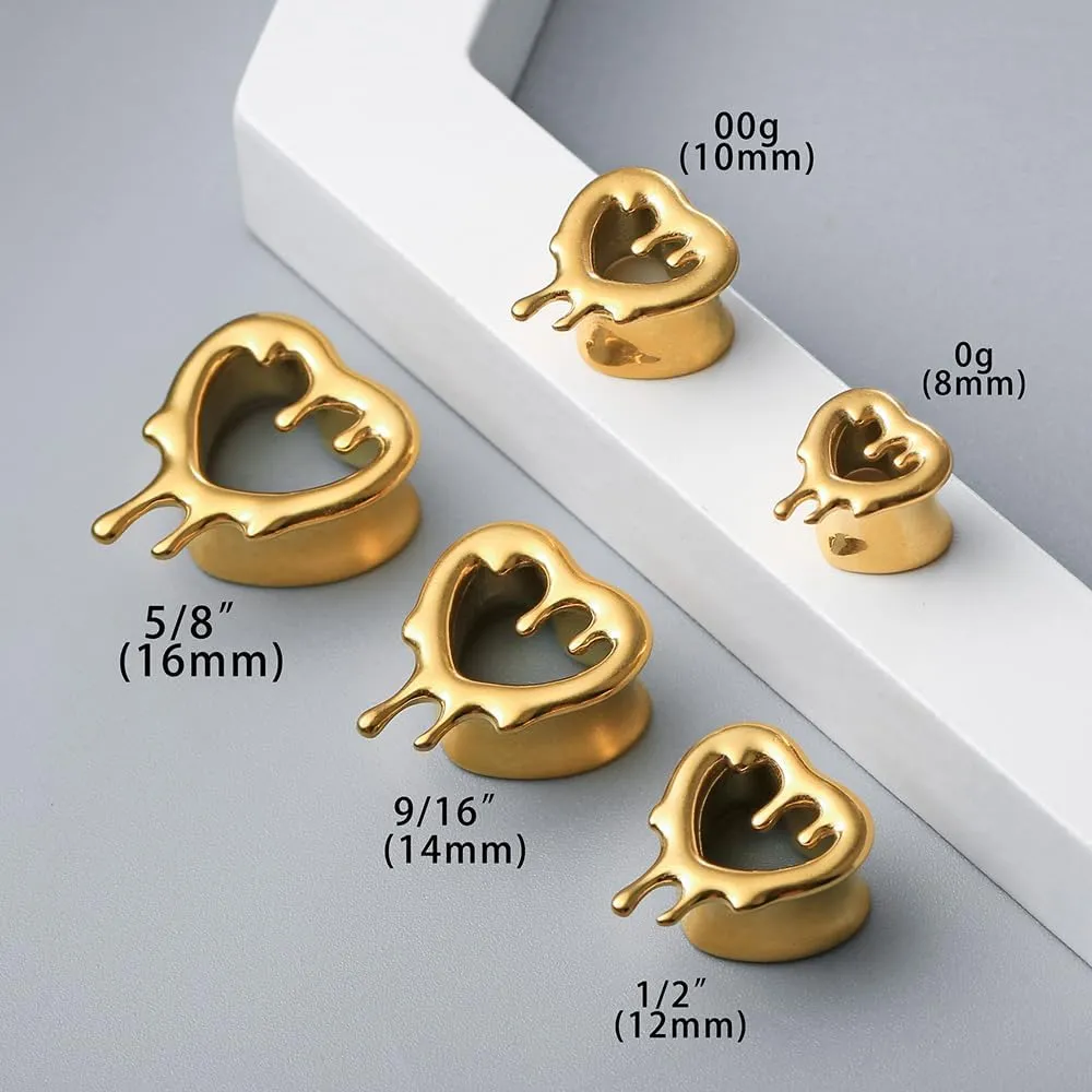 2 Pcs Heart Style Ear Tunnels Gauge Earrings for Women, Size 0g - 1 inch Ear Plugs Gauges for Ears, Water Drops Design Hypoallergenic Stainless Steel Ear Gauges Body Jewelry