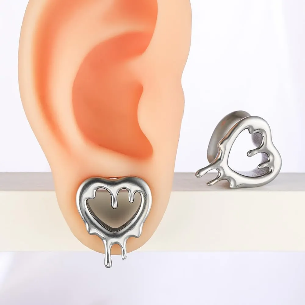 2 Pcs Heart Style Ear Tunnels Gauge Earrings for Women, Size 0g - 1 inch Ear Plugs Gauges for Ears, Water Drops Design Hypoallergenic Stainless Steel Ear Gauges Body Jewelry