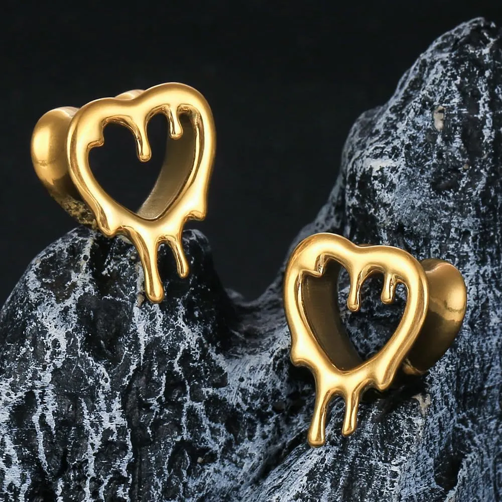 2 Pcs Heart Style Ear Tunnels Gauge Earrings for Women, Size 0g - 1 inch Ear Plugs Gauges for Ears, Water Drops Design Hypoallergenic Stainless Steel Ear Gauges Body Jewelry