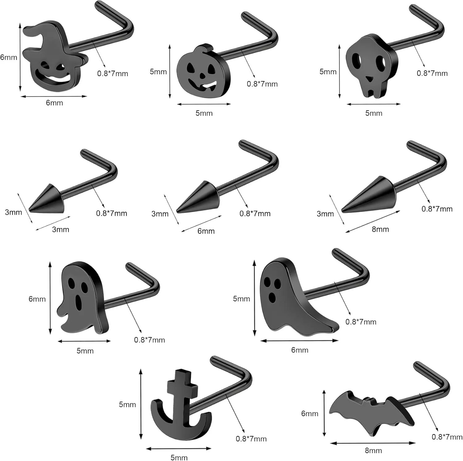 20G Nose Ring Studs, 316L Stainless Steel L-Shaped & Spider L Bend Nose Screws, Piercing Jewelry for Women & Men - Black