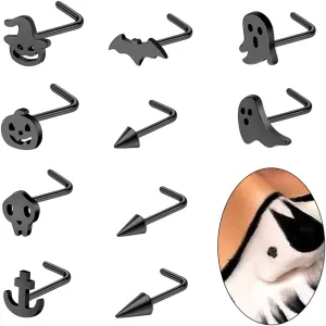 20G Nose Ring Studs, 316L Stainless Steel L-Shaped & Spider L Bend Nose Screws, Piercing Jewelry for Women & Men - Black