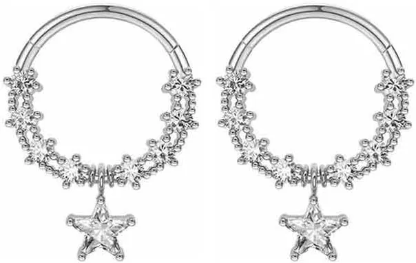 2Pcs 16G Rhinestone Star Septum Rings for Women Stainless Steel Hoop Nose Rings Cartilage Earrings Septum Conch Helix Cartilage Piercing Jewelry