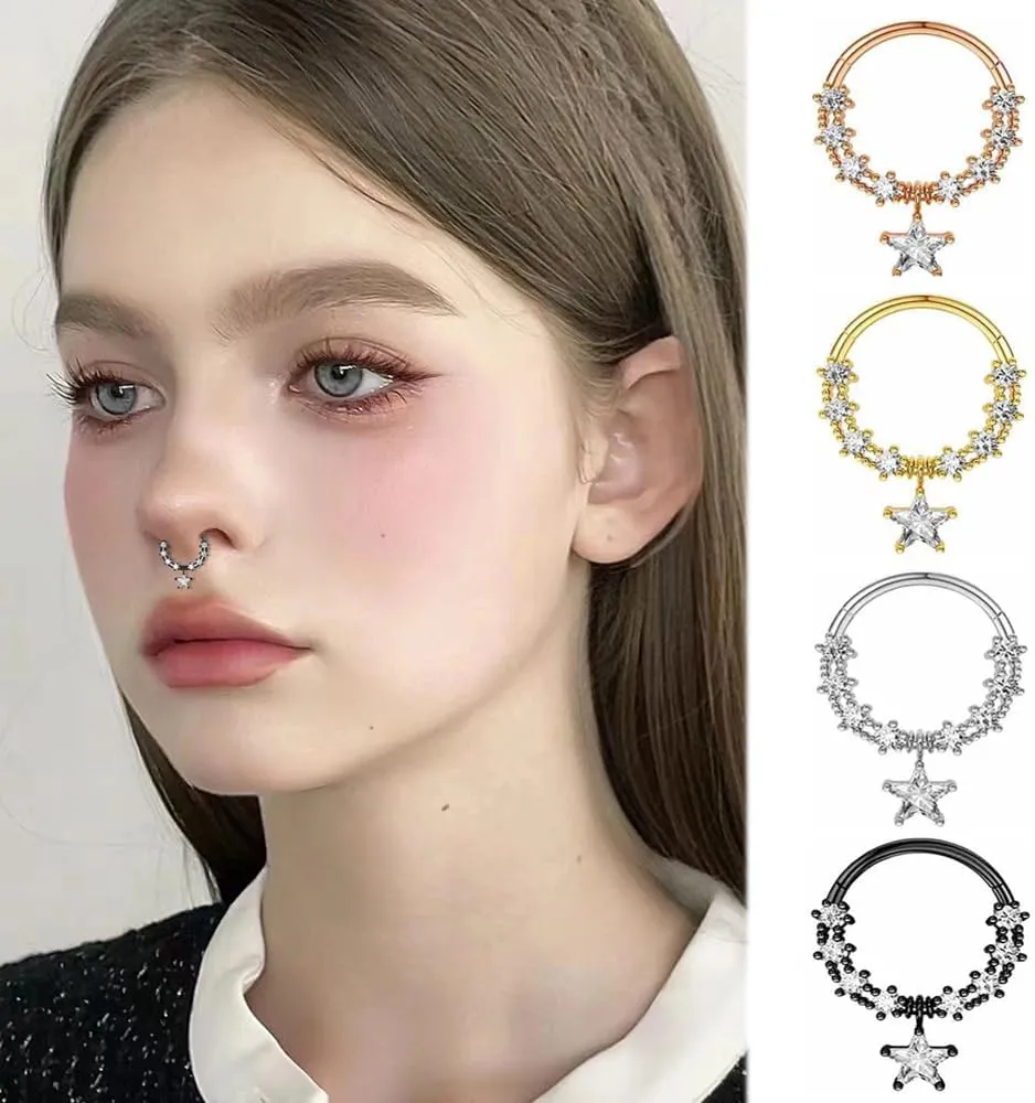 2Pcs 16G Rhinestone Star Septum Rings for Women Stainless Steel Hoop Nose Rings Cartilage Earrings Septum Conch Helix Cartilage Piercing Jewelry