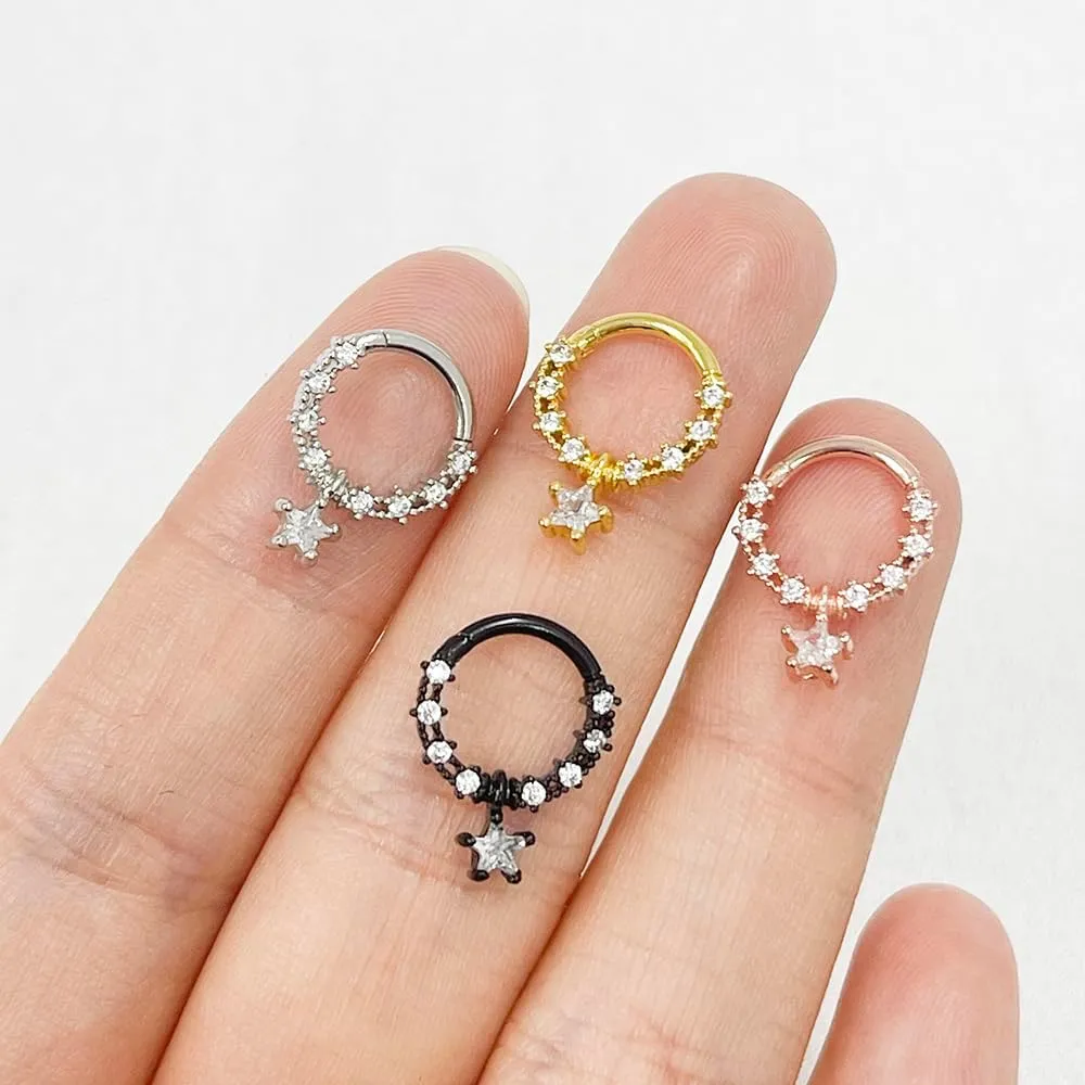 2Pcs 16G Rhinestone Star Septum Rings for Women Stainless Steel Hoop Nose Rings Cartilage Earrings Septum Conch Helix Cartilage Piercing Jewelry