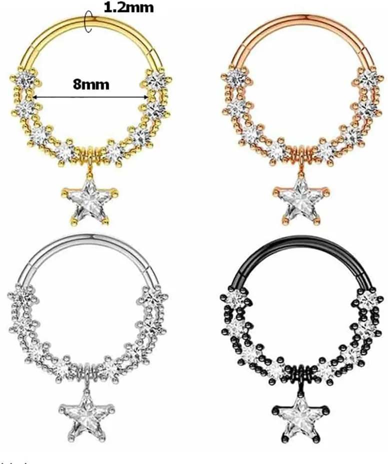 2Pcs 16G Rhinestone Star Septum Rings for Women Stainless Steel Hoop Nose Rings Cartilage Earrings Septum Conch Helix Cartilage Piercing Jewelry