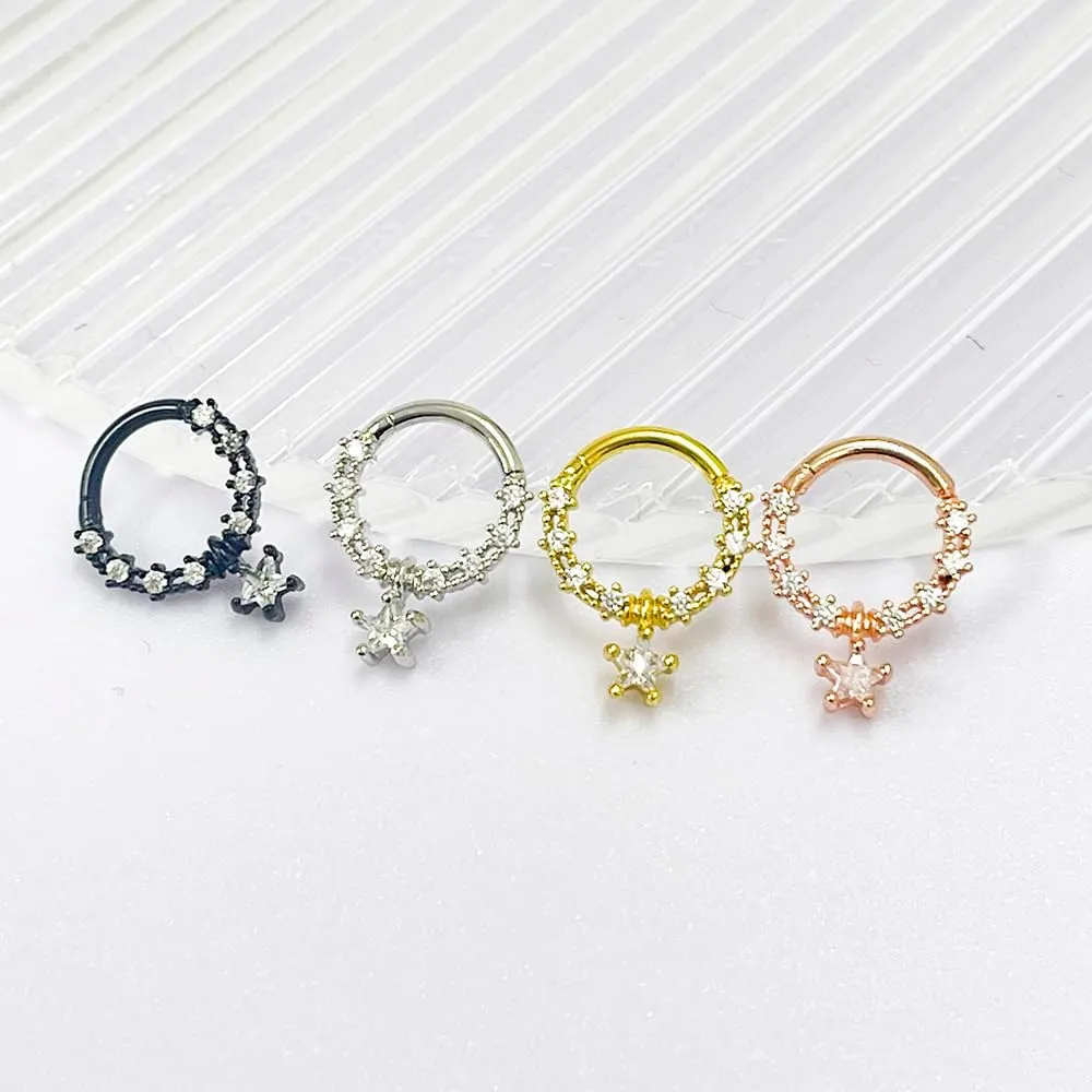 2Pcs 16G Rhinestone Star Septum Rings for Women Stainless Steel Hoop Nose Rings Cartilage Earrings Septum Conch Helix Cartilage Piercing Jewelry