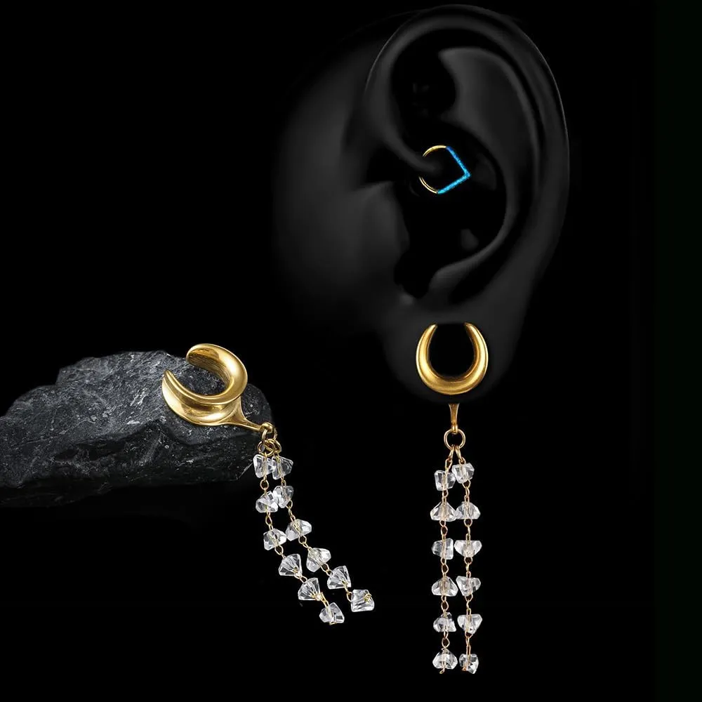 2Pcs Gold Saddle Plugs with Charm Crystals Chain Dangle Gauges Piercing Jewelry for Daily and Wedding, Surgical Steel Size 2g - 1 inch Ear Plugs Tunnels Gauges for Ears Stretching Expander Body Jewelry