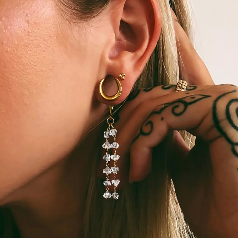 2Pcs Gold Saddle Plugs with Charm Crystals Chain Dangle Gauges Piercing Jewelry for Daily and Wedding, Surgical Steel Size 2g - 1 inch Ear Plugs Tunnels Gauges for Ears Stretching Expander Body Jewelry