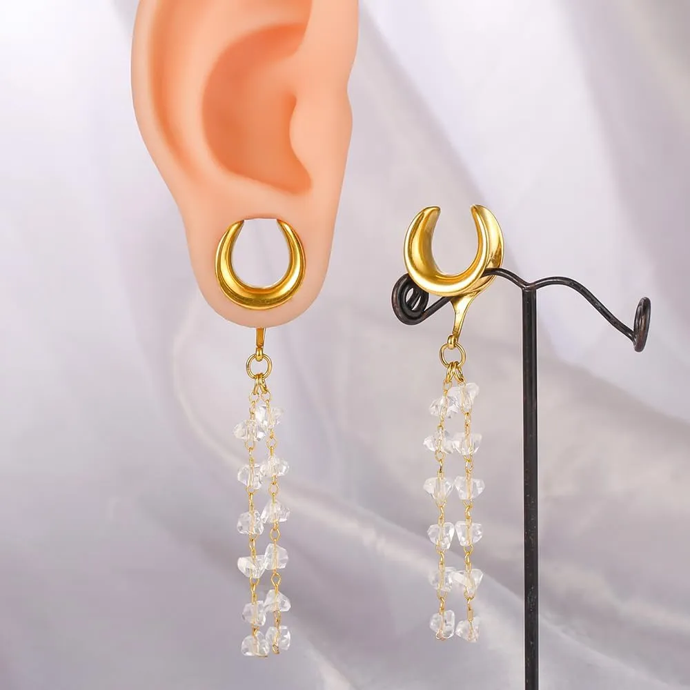 2Pcs Gold Saddle Plugs with Charm Crystals Chain Dangle Gauges Piercing Jewelry for Daily and Wedding, Surgical Steel Size 2g - 1 inch Ear Plugs Tunnels Gauges for Ears Stretching Expander Body Jewelry