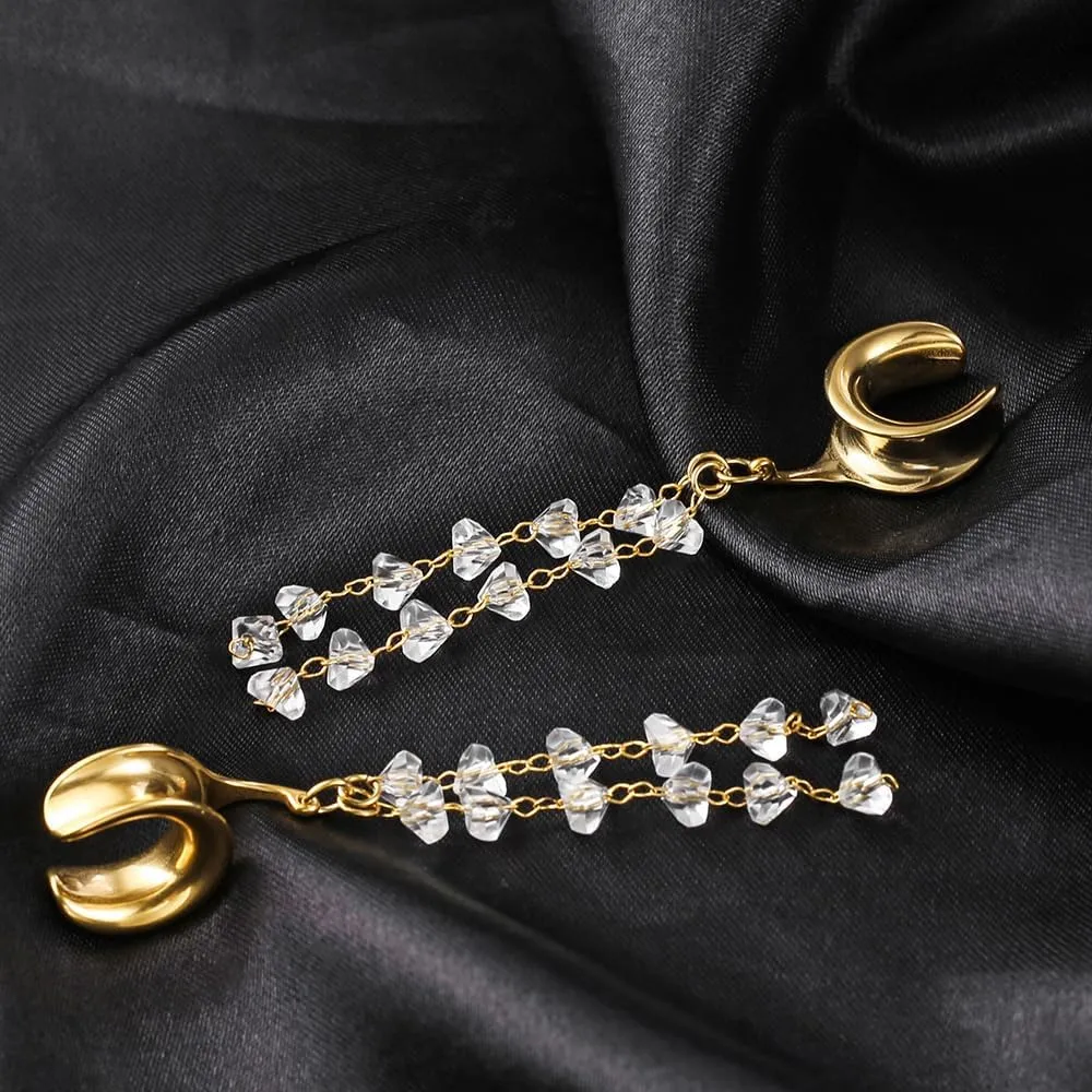 2Pcs Gold Saddle Plugs with Charm Crystals Chain Dangle Gauges Piercing Jewelry for Daily and Wedding, Surgical Steel Size 2g - 1 inch Ear Plugs Tunnels Gauges for Ears Stretching Expander Body Jewelry