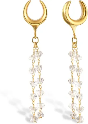 2Pcs Gold Saddle Plugs with Charm Crystals Chain Dangle Gauges Piercing Jewelry for Daily and Wedding, Surgical Steel Size 2g - 1 inch Ear Plugs Tunnels Gauges for Ears Stretching Expander Body Jewelry