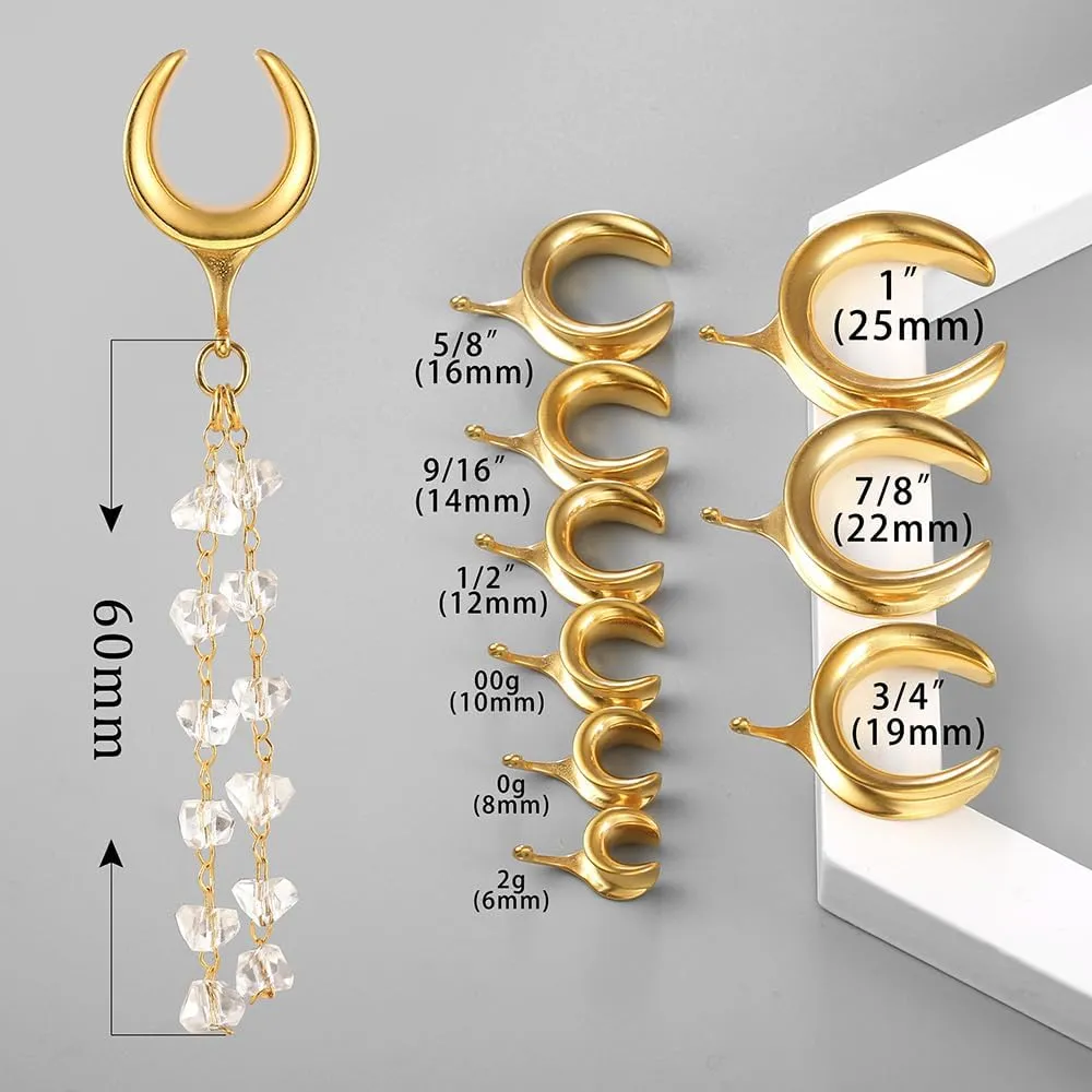 2Pcs Gold Saddle Plugs with Charm Crystals Chain Dangle Gauges Piercing Jewelry for Daily and Wedding, Surgical Steel Size 2g - 1 inch Ear Plugs Tunnels Gauges for Ears Stretching Expander Body Jewelry