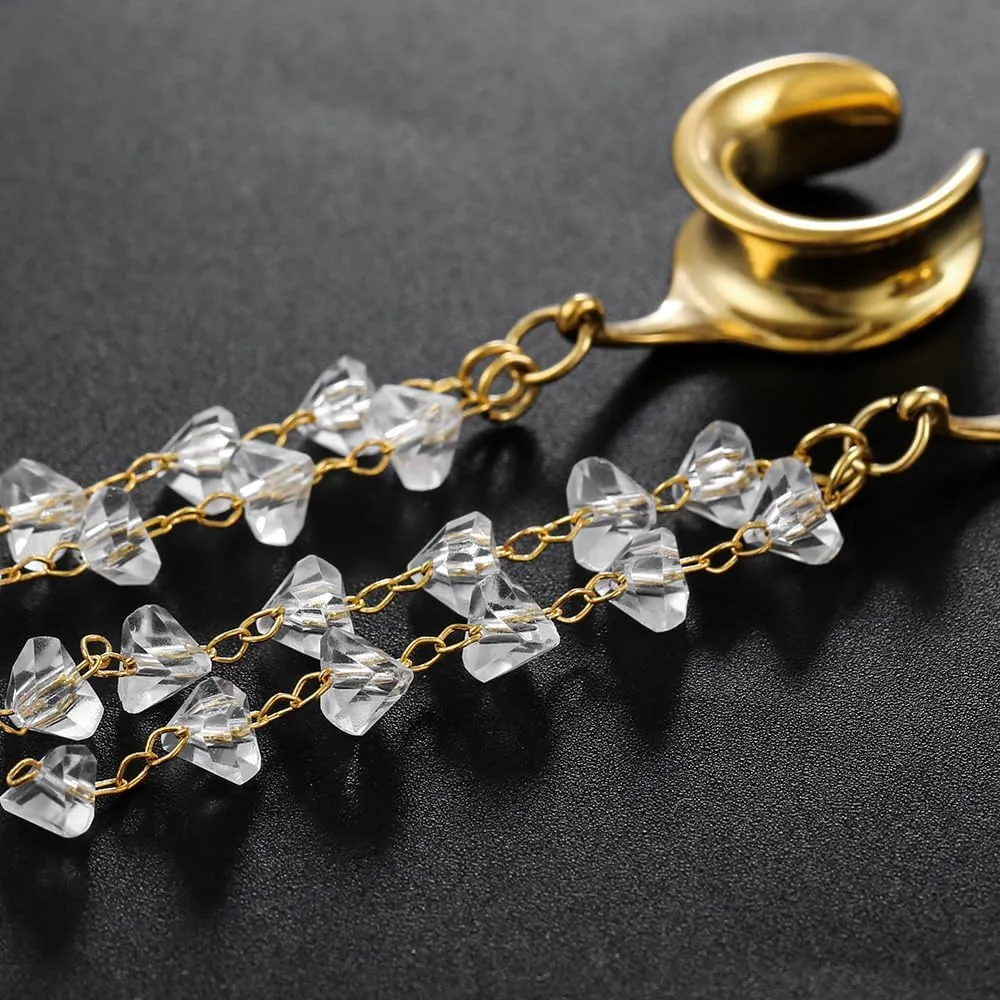 2Pcs Gold Saddle Plugs with Charm Crystals Chain Dangle Gauges Piercing Jewelry for Daily and Wedding, Surgical Steel Size 2g - 1 inch Ear Plugs Tunnels Gauges for Ears Stretching Expander Body Jewelry